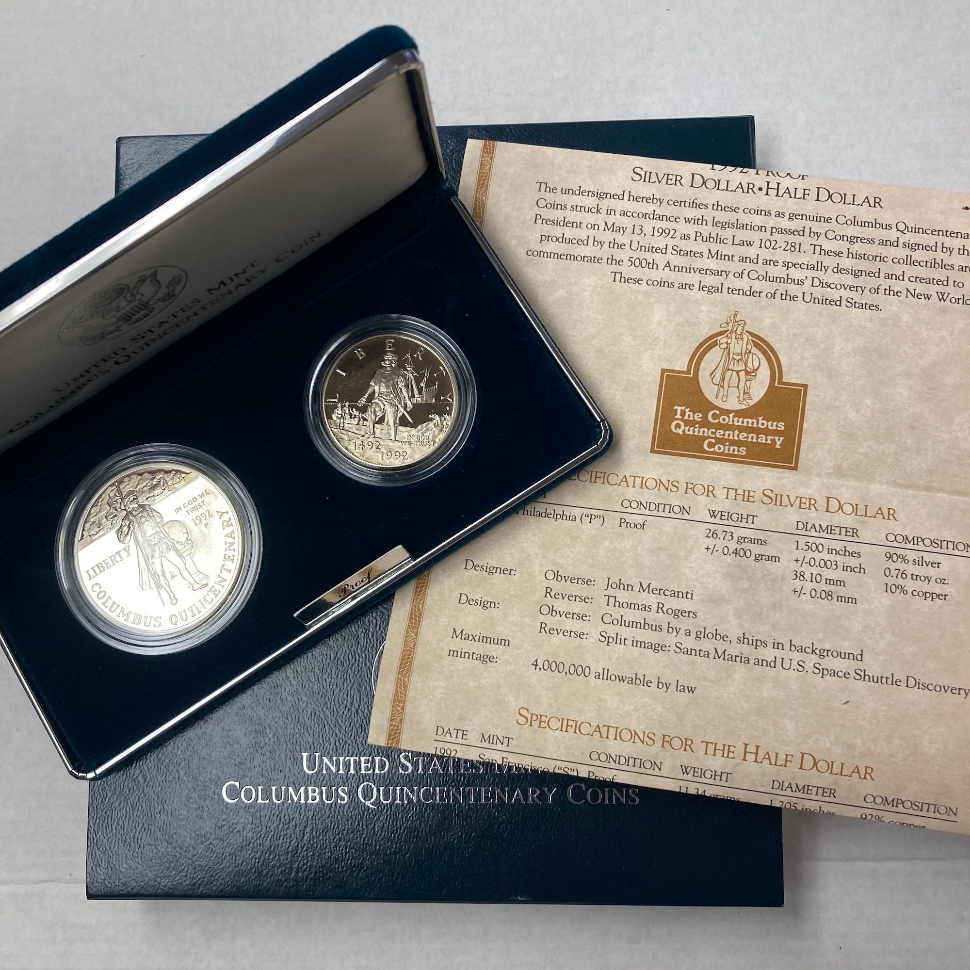 1992年 アメリカ造幣局 コロンブス500周年記念コイン 2枚プルーフセット - プルーフシルバードルとハーフドル、箱と品質証明書付き - Etsy  日本