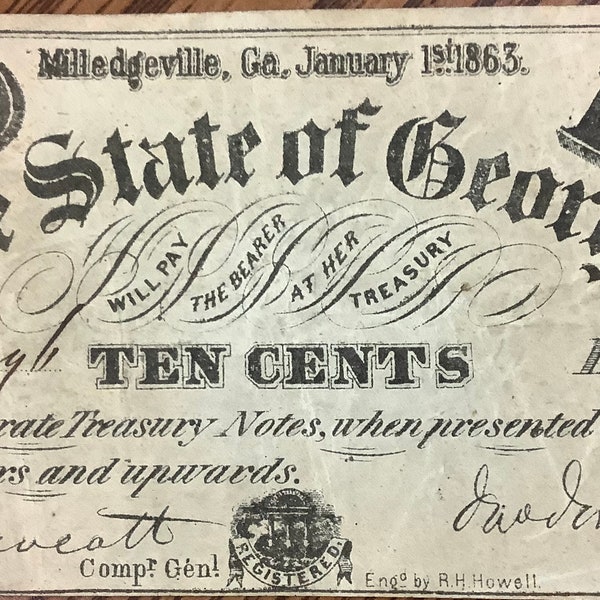 1863 State of Georgia 10 Cents (Ten Cents) Confederate Treasury Note Obsolete Currency Milledgeville, GA Uncirculated