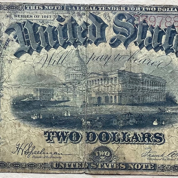 Series of 1917  Two (2) Dollar Large Size United Stated Note Red Seal Banknote Thomas Jefferson