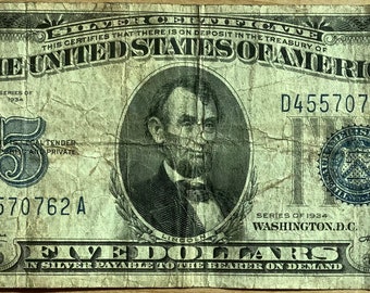 1934年 5ドル紙幣 大型ブルーシール 銀券 入手困難 5ドル紙幣 約100年