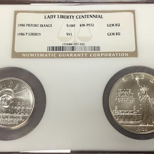 1986 United States and France Lady Liberty Centennial Coins 2-Coin NGC Certified Two Coin Silver Set Gem BU