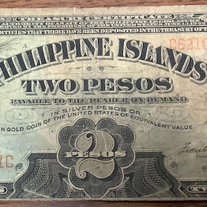 1929 Philippines 2 (Two) Pesos Gold Coin Treasury Certificate Scarce Date Most Destroyed WWII
