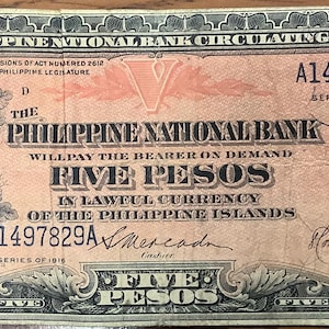 1916 Philippines 5 (Five) Peso Philippines National Bank Circulating Note Better Grade McKinley Scarce Seldom offered