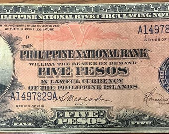 1916 Philippines 5 (Five) Peso Philippines National Bank Circulating Note Better Grade McKinley Scarce Seldom offered