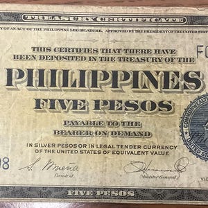 1944 Philippines WWII Victory Issue 5 (Five) Peso Treasure Certificate Better Grade McKinley Dewey