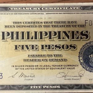 1944 Philippines WWII Victory Issue 5 (Five) Peso Treasure Certificate Better Grade McKinley Dewey