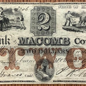 May include: An antique two-dollar bill from The Bank of Macomb County, Michigan, featuring detailed engravings. The bill includes the text "TWO DOLLARS" and illustrations of farming scenes and the number "2". The bill is dated 1858.