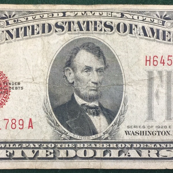 Red Seal Series 1928 A Five (5) Dollar United States Note in Circulated Condition