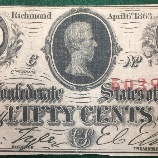 Civil War Era Confederate States 50 Cent Bank Note Dated April 6, 1863 High Grade