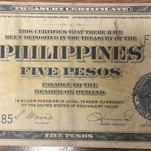 1944 Philippines WWII Victory Issue 5 (Five) Peso Treasure Certificate Better Grade McKinley Dewey