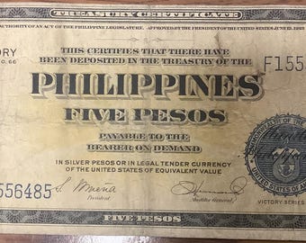 1944 Philippines WWII Victory Issue 5 (Five) Peso Treasure Certificate Better Grade McKinley Dewey