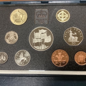 1996 Queen Elizabeth’s 70th Birthday Five Pound and Soccer Football 2 Pound Coin Proof Coins of Great Britain Royal Mint Issue Coin Set