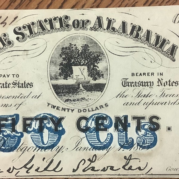 Civil War Era 1863 State of Alabama 50 Cents Uncirculated Obsolete Currency Dated January 1, 1863