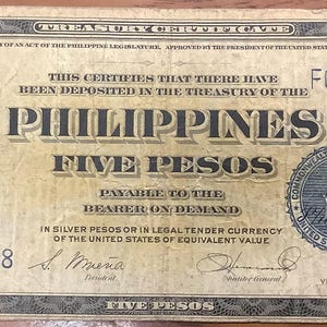 1944 Philippines WWII Victory Issue 5 (Five) Peso Treasure Certificate Better Grade McKinley Dewey