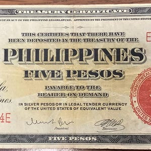 Extremely Rare Series 1941 Philippines  5 (Five) Peso Treasury Certificate Red Seal McKinley Dewey