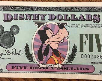 Series 1988 Five Disney Dollars Featuring Goofy