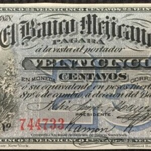 Raro Banco Mejicano de 1878, 25 Centavos, rara vez se ofrece
