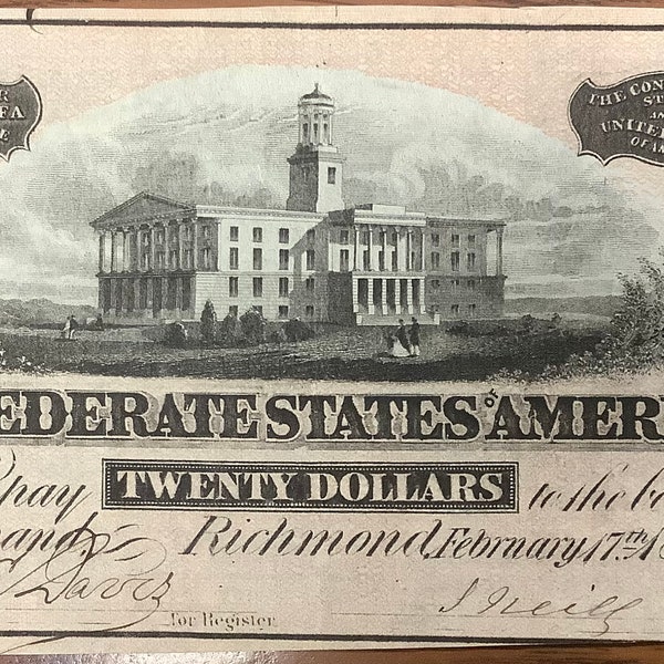 1864 Confederate States of America 20 Dollars  Hand Signed Higher Grade Scarce