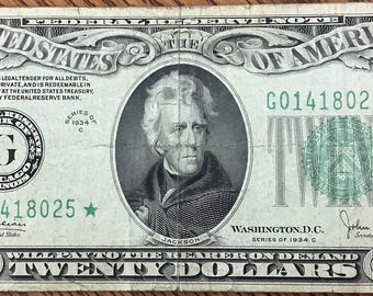 Serie de billetes de 1934 C de veinte (20) dólares de reemplazo de estrella Billete de la Reserva Federal de los Estados Unidos Banco de la Reserva Federal de Chicago