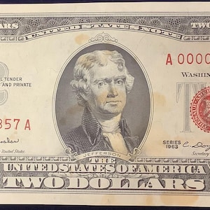 Very Low Serial Number Scarce Series of 1963 United States Two (2) Dollar Red Seal United States Note 4 leading zeros 4 trailing digits