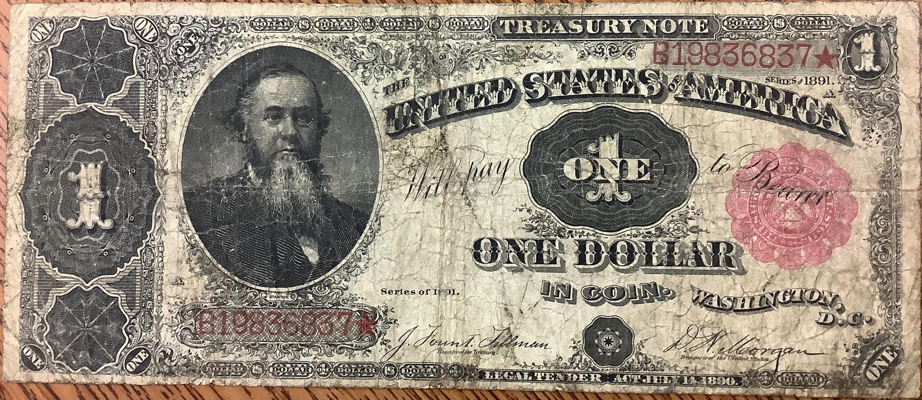 Scarce Series of 1891 United States One (1) Dollar Large Size Treasury Certificate Note Star Note
