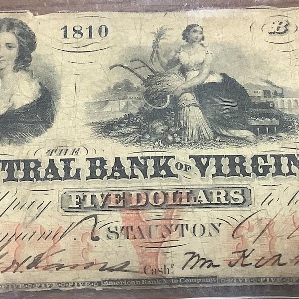 Civil War Era 1860 Central Bank of Virginia Treasury Note 5 Dollar Obsolete Currency Richmond, VA Scarce Note