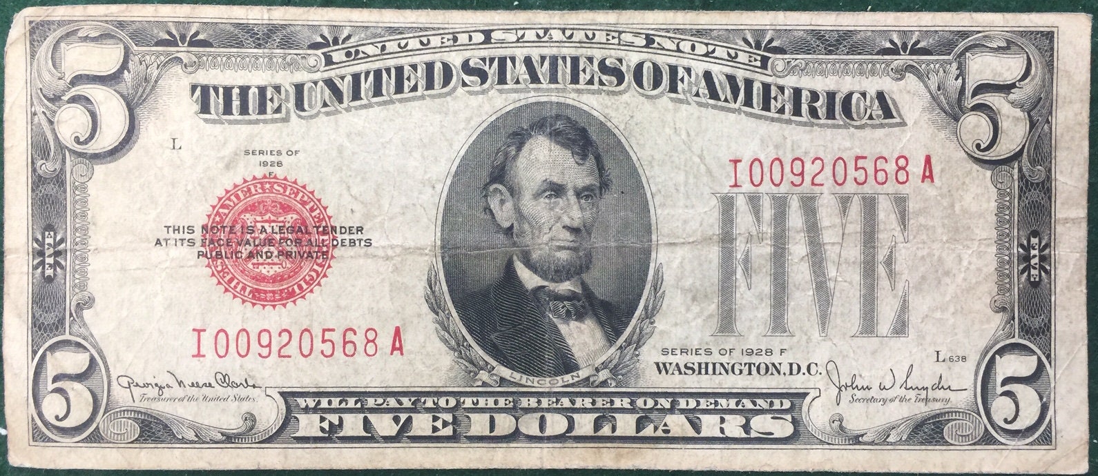 1928 5 Dollar United States Note Red Seal Nice Condition FREE SHIPPING