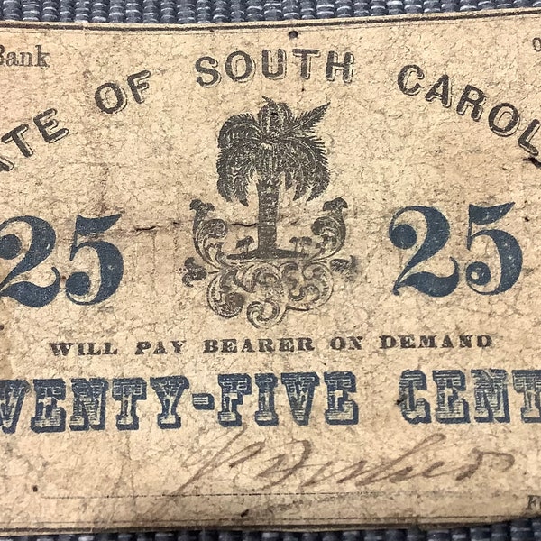 State Bank of South Carolina 25 Cents Banknote dated Feb 1, 1863 Obsolete Currency Civil War Confederate Government Issue