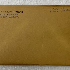 1962 Unopened Treasury Department United States Mint Philadelphia 30 PA Uncirculated Proof Set in Original Unopened Envelope