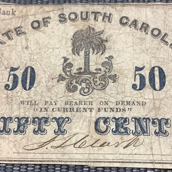 State Bank of South Carolina 50 Cents Banknote dated Feb 1, 1863 Obsolete Currency Civil War Confederate Government Issue