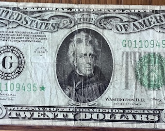 Serie de 1934 Un billete de veinte (20) dólares de reemplazo de estrella Billete de la Reserva Federal de los Estados Unidos Banco de la Reserva Federal de Chicago