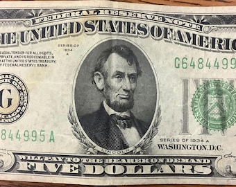 Series of 1934 A Five (5) Dollar United States Federal Reserve Note Federal Reserve Bank of Chicago