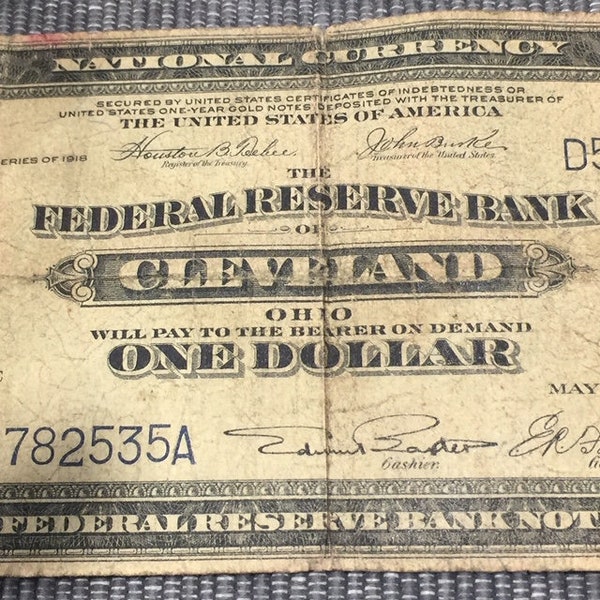 Series of 1918 Federal Reserve Bank of Cleveland One (1) Dollar Large Size National Currency  Blue Seal Banknote Better Grade