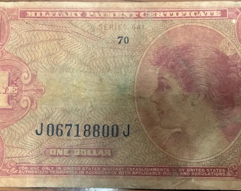 Certificado de pago militar de la guerra de Vietnam, serie 641, un (1) dólar estadounidense, rara denominación alta