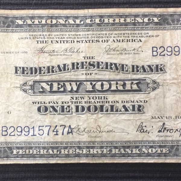 Series of 1918 Federal Reserve Bank of New YorkOne (1) Dollar Large Size National Currency  Blue Seal Banknote Better Grade