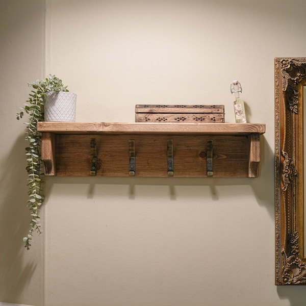 Reclaimed Rustic Wood Coat Rack and Storage Shelf - Solid Wood Wall Mounted Storage with Antique Brass Hooks