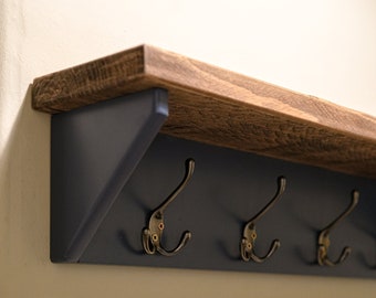 Reclaimed Rustic Wood Coat Rack and Storage Shelf - Painted Pine - Solid Wood Wall Mounted Storage with Antique Brass Hooks