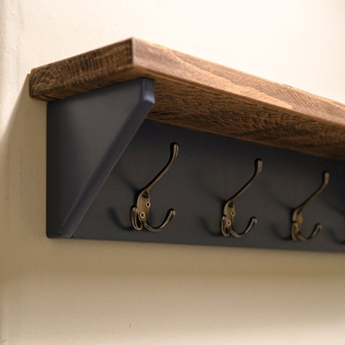 Reclaimed Rustic Wood Coat Rack and Storage Shelf - Painted Pine - Solid Wood Wall Mounted Storage with Antique Brass Hooks