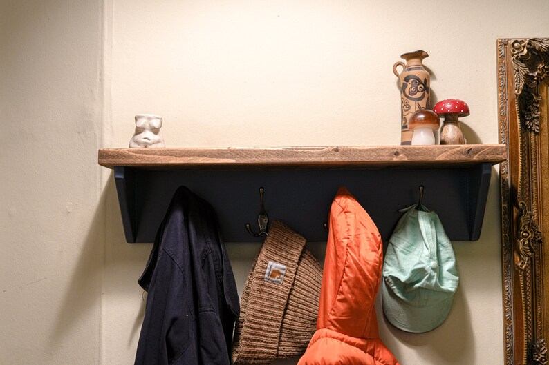 Narrow Coat Rack Shelf Cast Iron Hooks Reclaimed Rustic Wood Painted