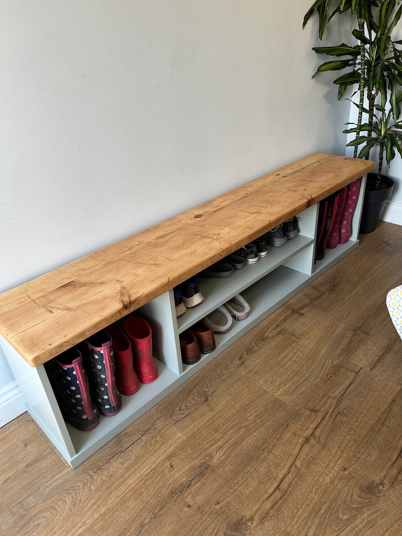 Shoe Storage Bench Seat with Reclaimed Wood Top Boot Rack for Hallway and Boot Room with Welly Boot Storage Rustic Bespoke image 1