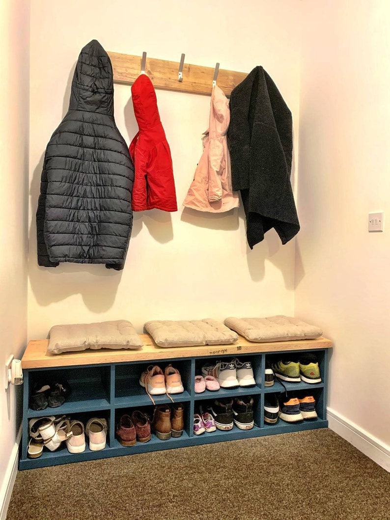 Shoe Storage Bench Seat with Reclaimed Wood Top Boot Rack for Hallway and Boot Room with Welly Boot Storage Rustic Bespoke image 3