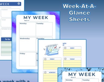 Week-At-A-Glance Sheet | 4 Styles | Shades of Teel | Printable | 8.5x11" | Print at Home | Plan Your Week | Weekly Planning