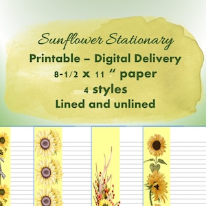 Sunflower Stationary | 4 Styles | Lined and Unlined | Printable  | 8.5x11&quot; | Digital Delivery | Side Bar Graphic