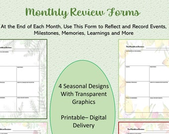 End of the Month Review Sheets | 4 Seasonal Designs |2 Sizes | 6x9" | 8.5x11" | Print at Home | Monthly Reflections | Tracking Your Life