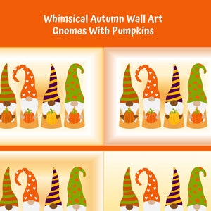 Gnomes With Pumpkins | Wall Decor | Printable | Electronic Delivery | 4 Sizes | Bright Colors | 4 Choices of Backgrounds