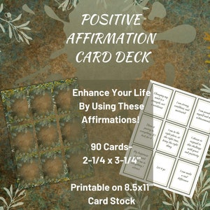 Baraja de cartas de afirmación / Imprimible / 90 tarjetas / 2-1/4 x 3-1/4" al cortar / Imprimir en cartulina de 8.5x11" / Imprimir en casa / Afirmaciones positivas