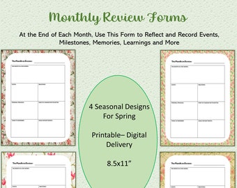 End of the Month Review Sheets | 4 Spring Designs | 8.5x11" | Print at Home | Monthly Reflections | Tracking Your Life