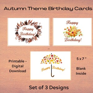 Tarjetas de cumpleaños con tema de otoño / Imprimibles / Set 3 diseños / Interior en blanco / Escriba su propio mensaje / 5 x 7"