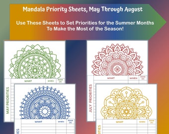 Mandala Priority Sheets | May Through August | Mandalas to Color | Summer Months |4 Unique Mandalas  | 8.5x11" | Print at Home |