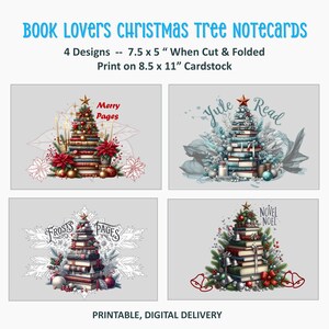 Peut inclure: Quatre modèles de cartes de Noël avec des sapins de Noël en forme de livres. Chaque carte présente un design unique avec des éléments festifs tels que des ornements, des poinsettias et des cloches. Les cartes mesurent 19 x 12,7 cm pliées, imprimées sur du papier 21,6 x 27,9 cm.
